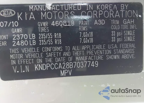 2011 Kia Sportage Ex z USA, uszkodzony, nr VIN KNDPCCA28B7037749